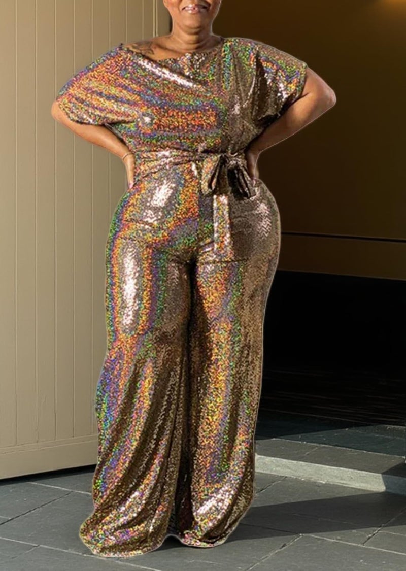 LKOUS Women's Off Shoulder Sequin Jumpsuit Sparkly Short Sleeve High Waisted Wide Leg Romper Beach Vacation Outfits - Image 5